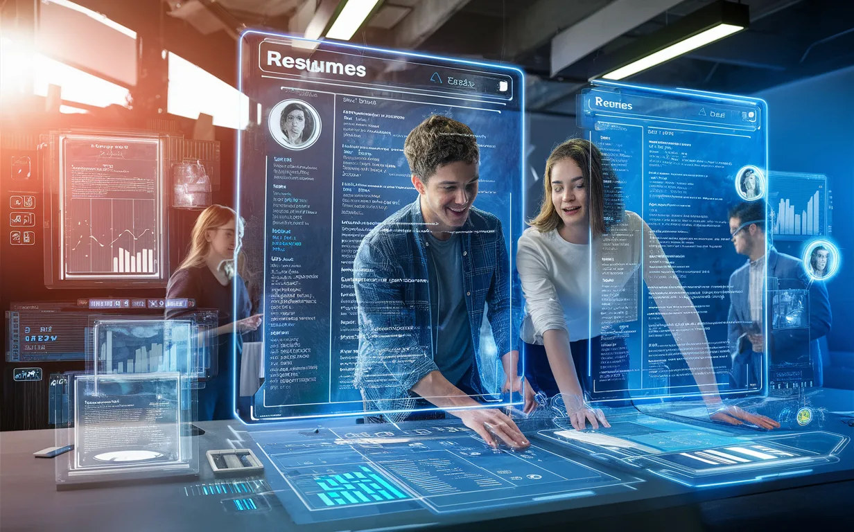 Realistic depiction of an AI-powered job application optimization platform with holographic resume screens and young professionals in a modern tech workspace.