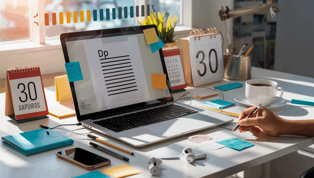 A well-lit modern desk setup with a laptop, calendar, and coffee cup illustrating a 30-day digital writing habit formation course for aspiring writers.