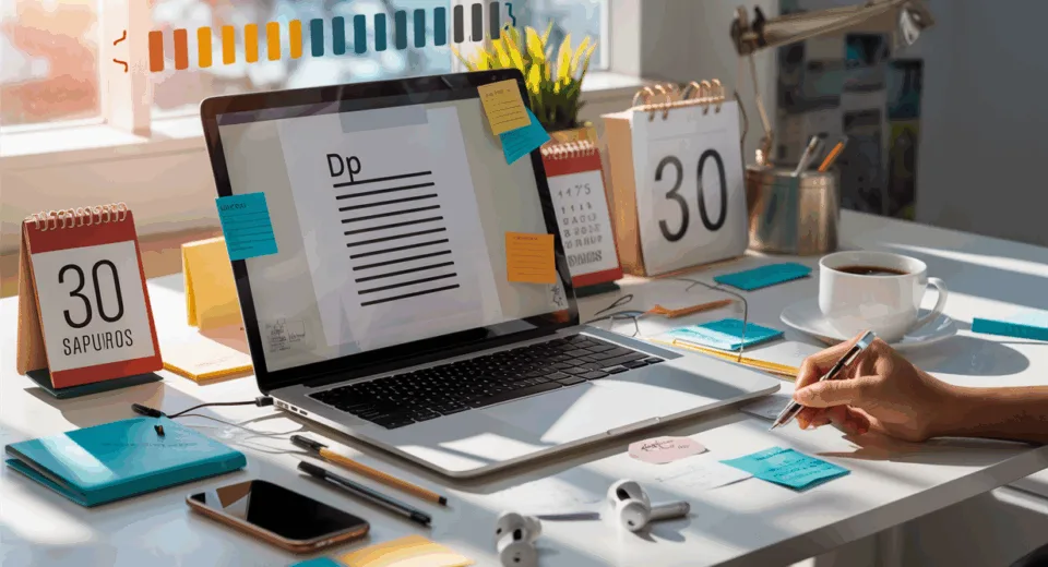 A well-lit modern desk setup with a laptop, calendar, and coffee cup illustrating a 30-day digital writing habit formation course for aspiring writers.