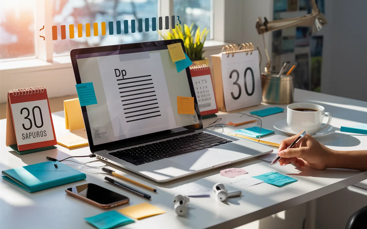 A well-lit modern desk setup with a laptop, calendar, and coffee cup illustrating a 30-day digital writing habit formation course for aspiring writers.