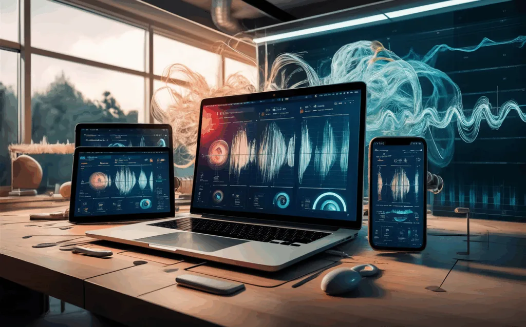 Realistic 4K image of an AI-driven online singing learning platform interface on digital devices in a modern workspace, showing voice analysis and vocal training visuals without text.