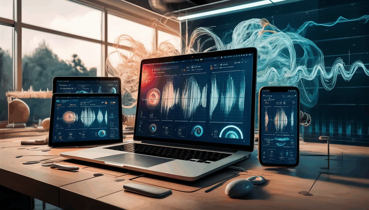 Realistic 4K image of an AI-driven online singing learning platform interface on digital devices in a modern workspace, showing voice analysis and vocal training visuals without text.