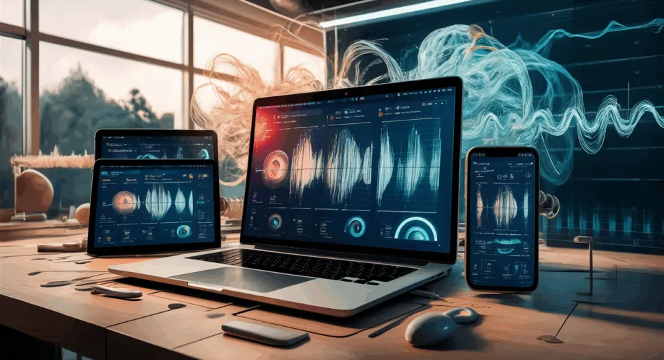 Realistic 4K image of an AI-driven online singing learning platform interface on digital devices in a modern workspace, showing voice analysis and vocal training visuals without text.