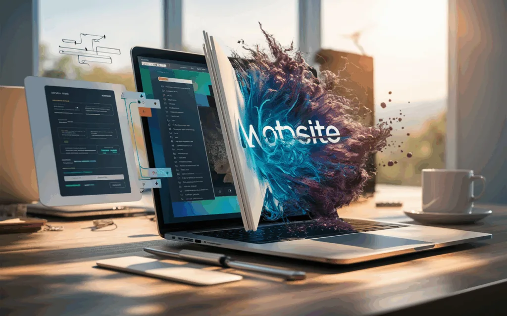 A modern digital workspace showing a Notion page transforming into a professional website, symbolizing easy website creation without coding.