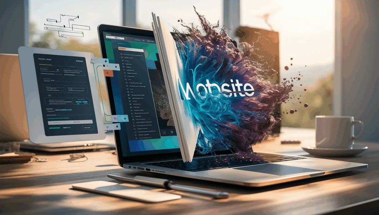 A modern digital workspace showing a Notion page transforming into a professional website, symbolizing easy website creation without coding.