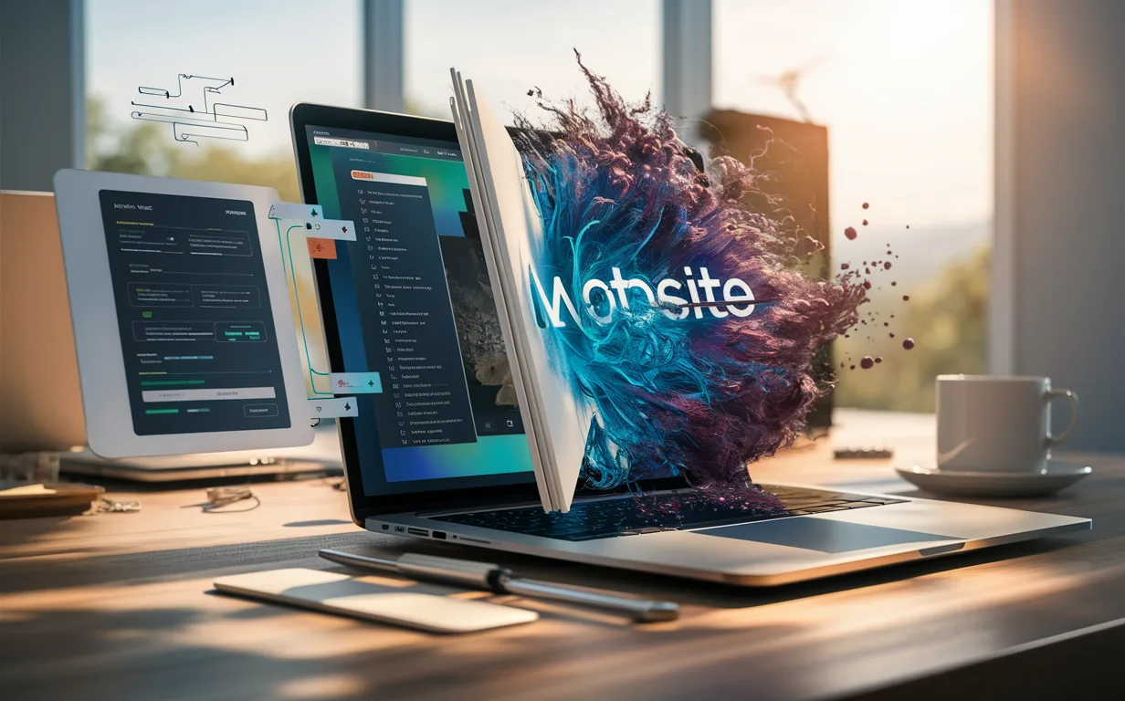 A modern digital workspace showing a Notion page transforming into a professional website, symbolizing easy website creation without coding.