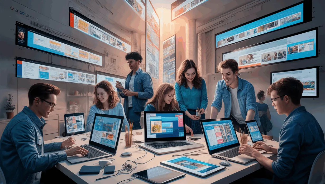 Modern web design workspace with professionals creating scroll-based interactive animations using intuitive coding-free tools on computers in bright natural light.