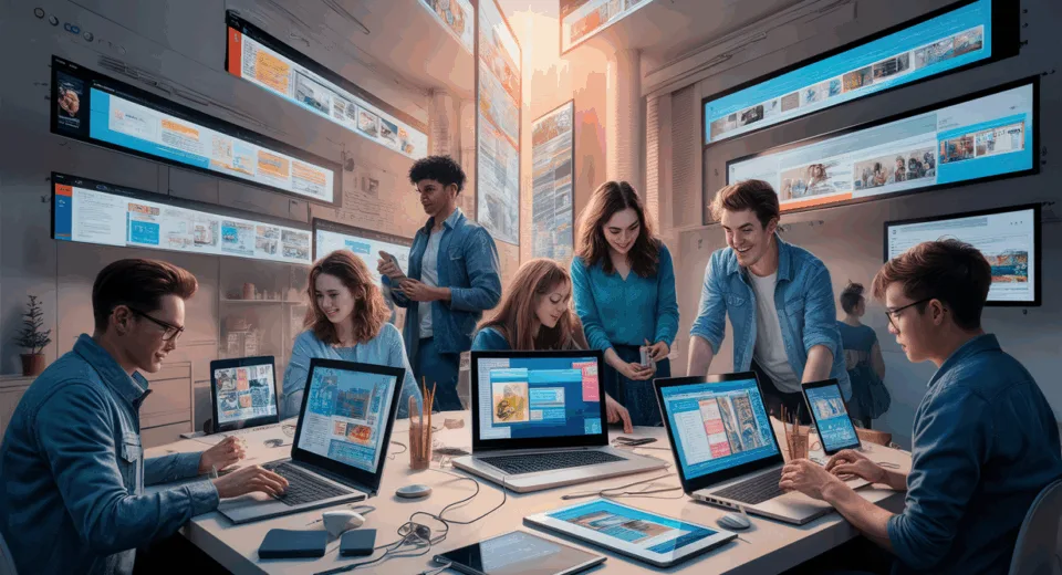 Modern web design workspace with professionals creating scroll-based interactive animations using intuitive coding-free tools on computers in bright natural light.