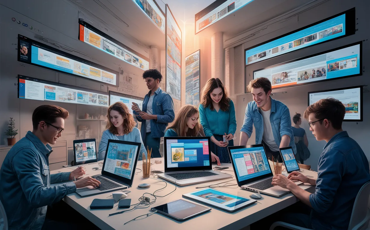 Modern web design workspace with professionals creating scroll-based interactive animations using intuitive coding-free tools on computers in bright natural light.