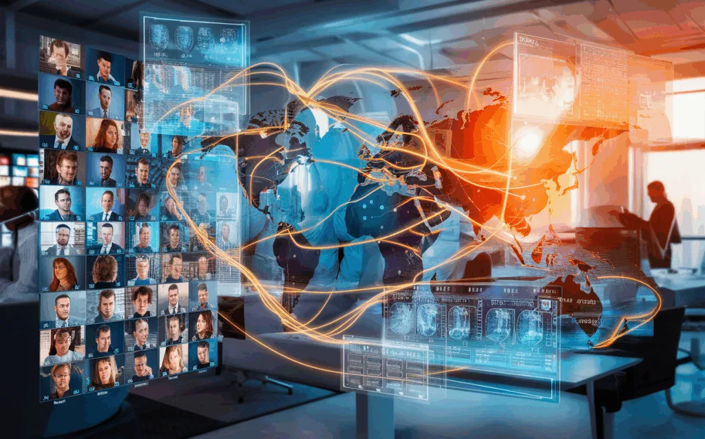 Realistic depiction of a global workforce management platform connecting remote employees worldwide through digital interfaces and holograms in a bright, modern office setting.