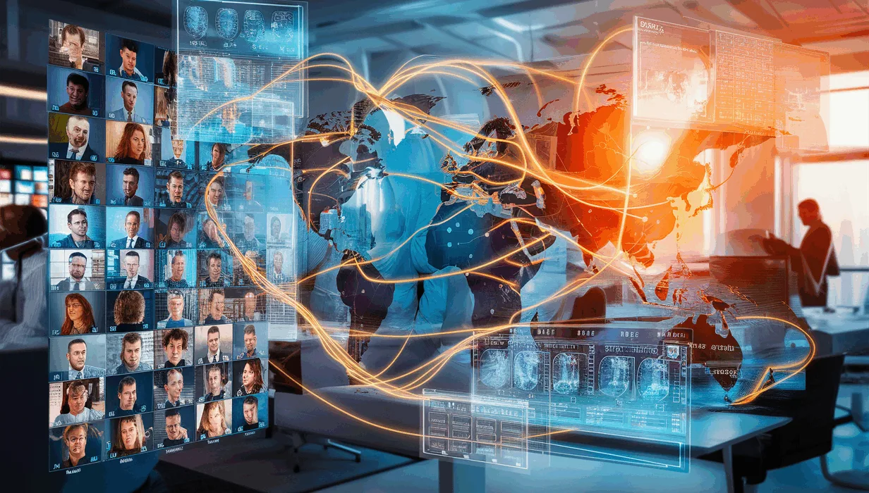 Realistic depiction of a global workforce management platform connecting remote employees worldwide through digital interfaces and holograms in a bright, modern office setting.