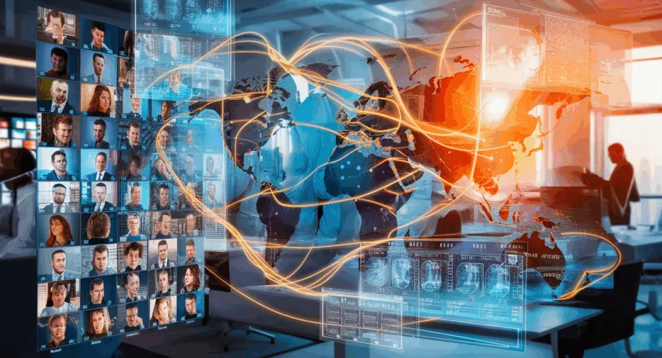 Realistic depiction of a global workforce management platform connecting remote employees worldwide through digital interfaces and holograms in a bright, modern office setting.